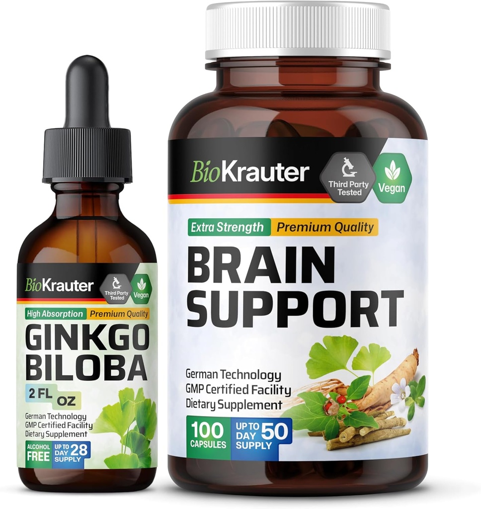 BIO KRAUTER Ginkgo Biloba Teinture 2 Fl. Oz. & Soutien Cerveau 100 Capsules