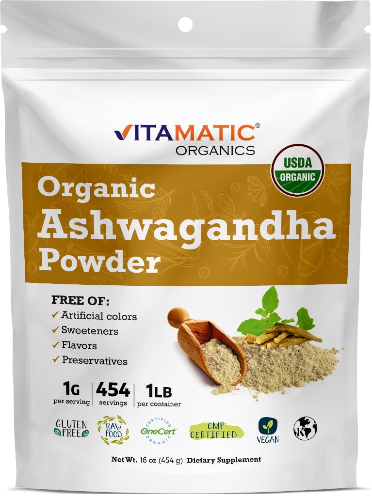 Certifié Vitamatic USDA Poudre biologique Ashwagandha – 1 lb (16 oz) Withania Somnifera.