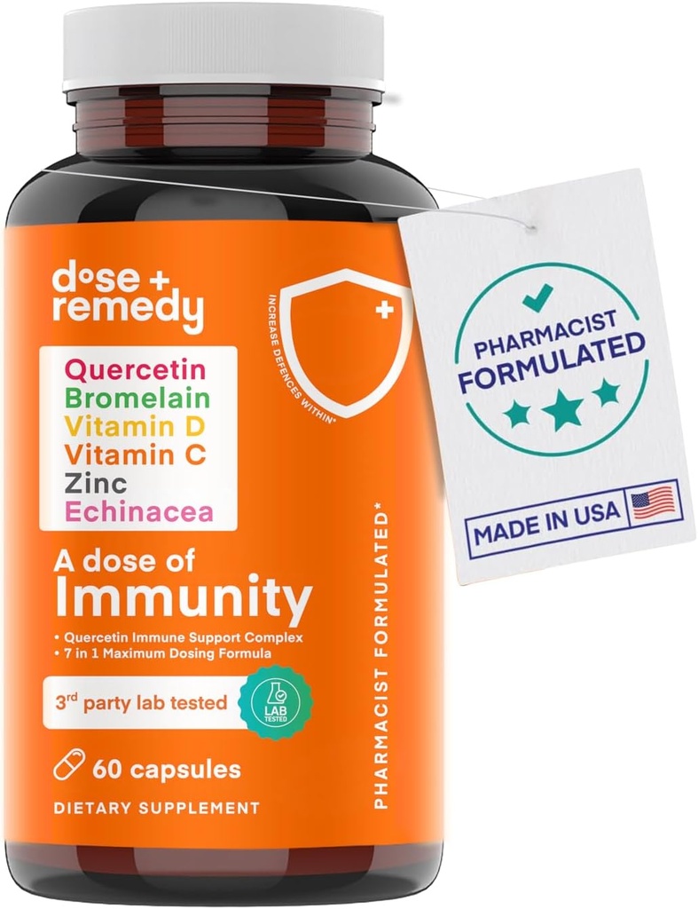 Dose d'immunité Quercetine avec vitamine C et zinc, vitamine D, 500 mg Quercetine Bromelain avec Echinacea & B Vitamines, supplément de soutien immunitaire pulmonaire 7 en 1 Immunity Defense Booster (60 comte)