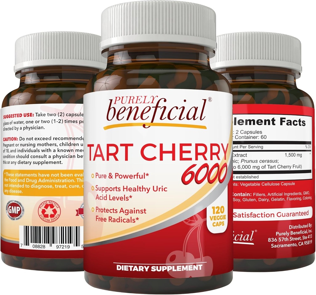Gélules de cerises Tart Purely bénéfiques 6000 mg, Extrait de cerises Tart Montmorency extra-résistance, Flush Uric Acid pour le confort articulaire, antioxydants et immunosupport, non-OGM, sans gluten, 120 Compte