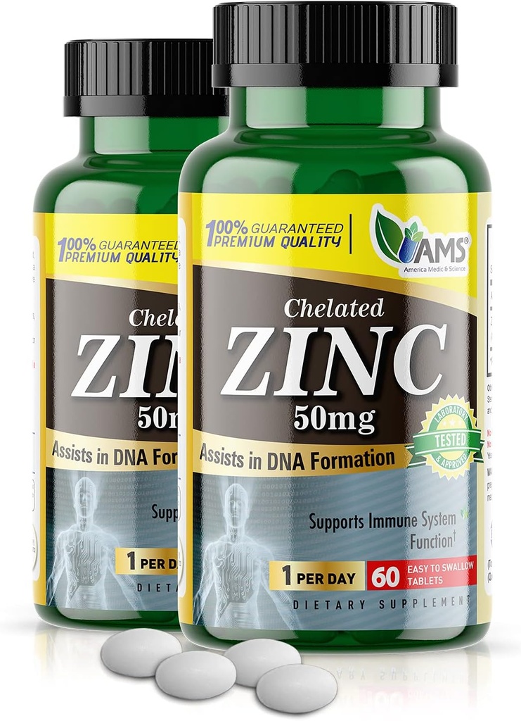 America Medic & Science Chélaté Zinc 50 mg Suppléments (2 Pack de 60 comprimés) Immune Booster et puissant antioxydant pilules pour les adultes Hommes et femmes