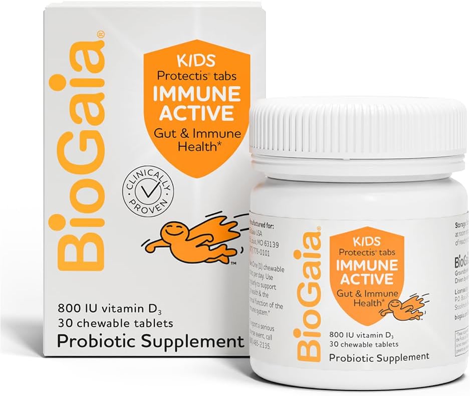 BioGaia Immune Enfants actifs : Probiotique + vitamine D pour la santé digestive et immunitaire : 3 ans et plus Allergène, lait, soja et sans gluten : confiance des pédiatres : 30 jours d'approvisionnement