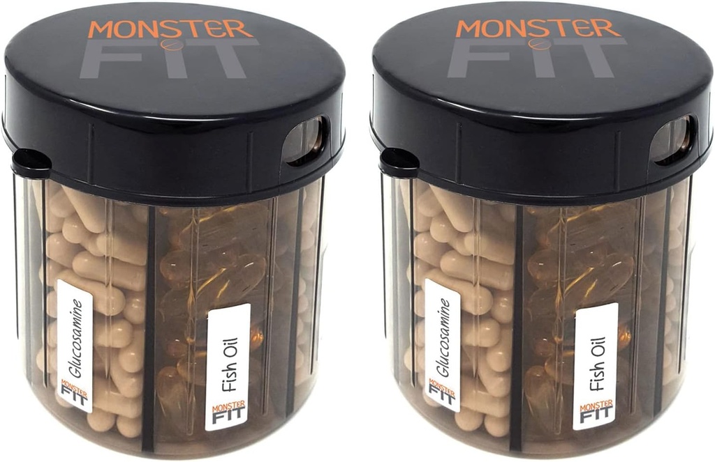 Supplément Monster Médicament Pill Dispenser avec étiquettes de compartiment - Extra Large Pill Container Bouteille Poignées Presque n'importe quel supplément - Facile à distribuer (Monster Fit - 2 Pack)