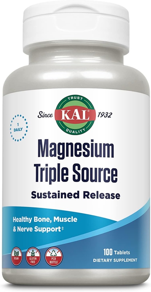 KAL Triple Source Magnesium Complex, Citrate, Malate, Oxide, Sustained Release, Bone, Muscle, Nerve Support, Vegan, Gluten Free, 60-Day Guarantee, 100 Servings, 100 Tabs
