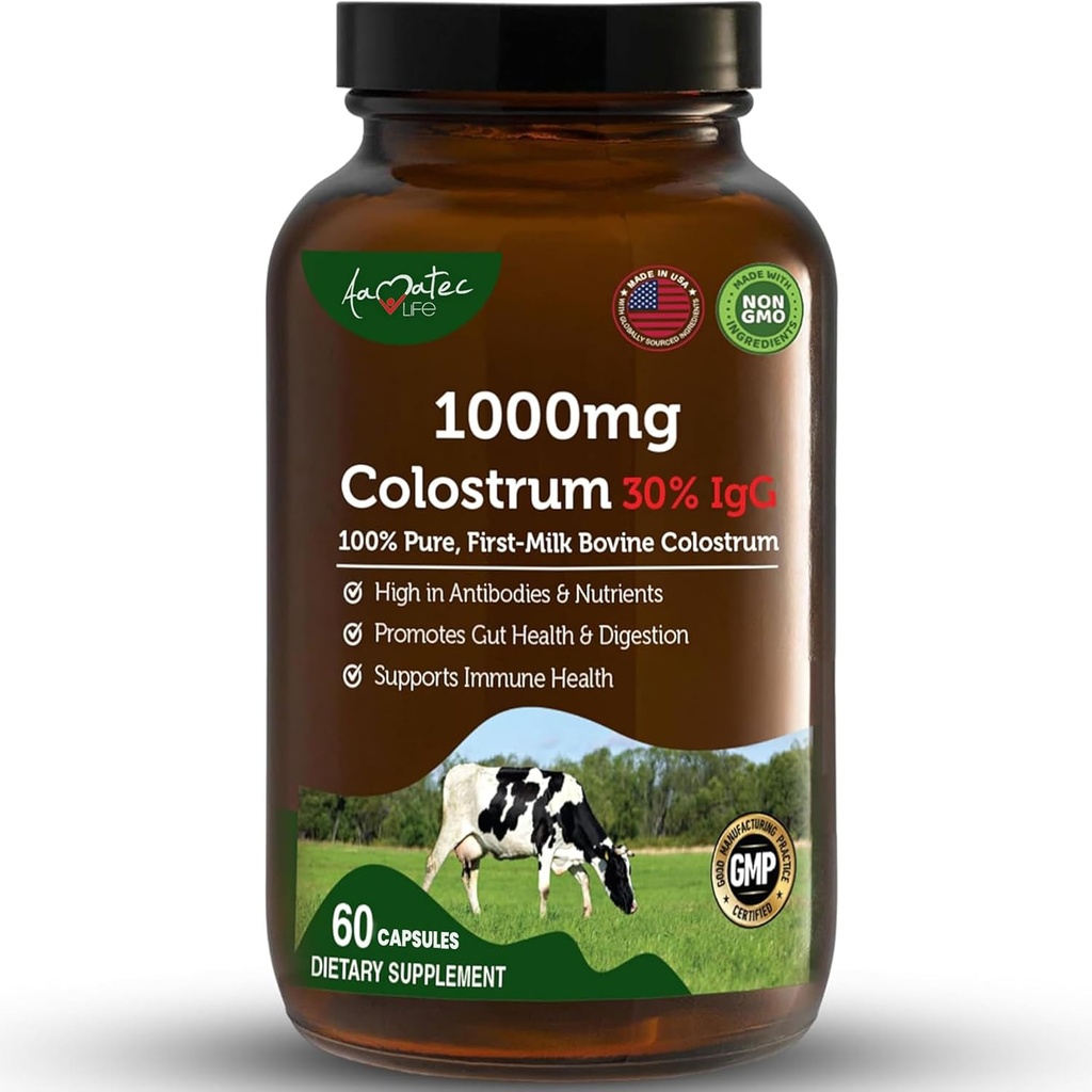 Bovine Colostrum Capsules 1000mg Capsules with Lactoferrin Supplement, Bovine Colostrum Supports Immune System, Gut Health & Respiratory System - 60 Bovine Colostrum Capsules by Aamatec Life