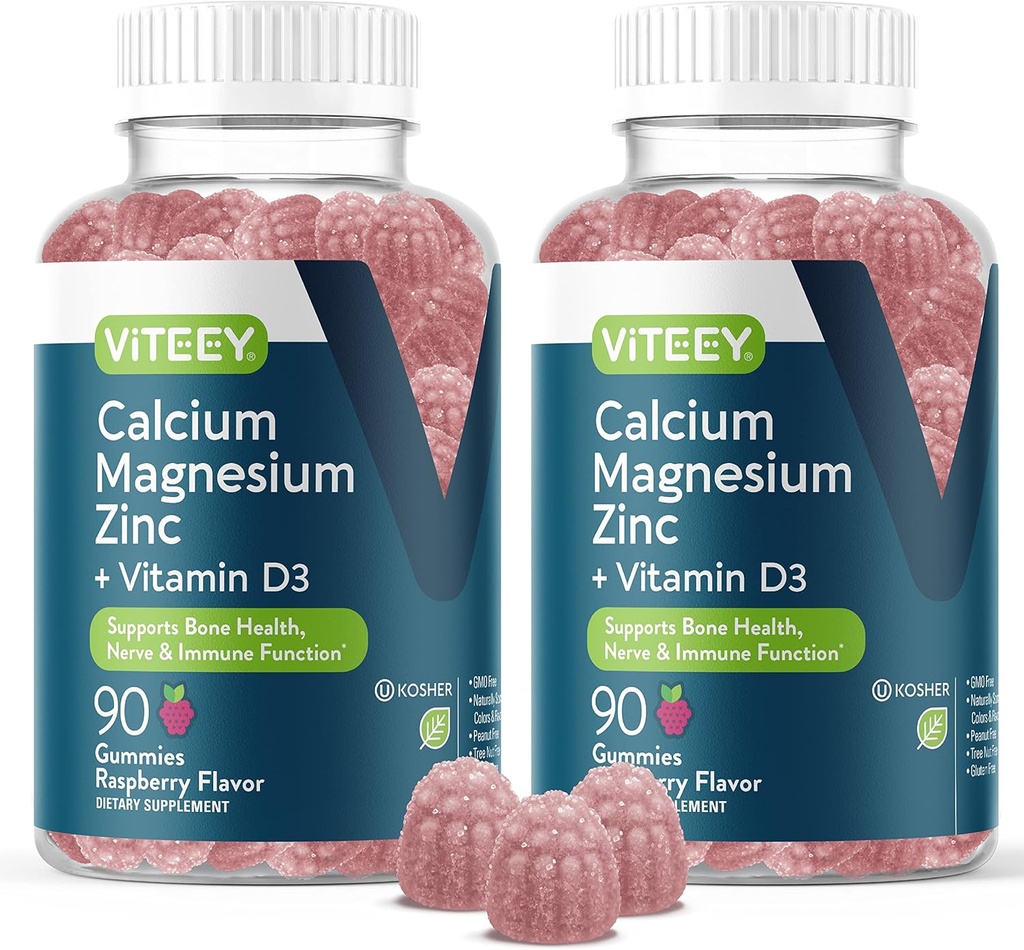 Gommies de zinc de magnésium de Viteey avec vitamine D3 - soutient la santé des os, la nerve et la fonction immunitaire - Zinc de magnésium de calcium D3 pour adultes et adolescents - sans OGM - Gommy aromatisé aux framboises à croquer