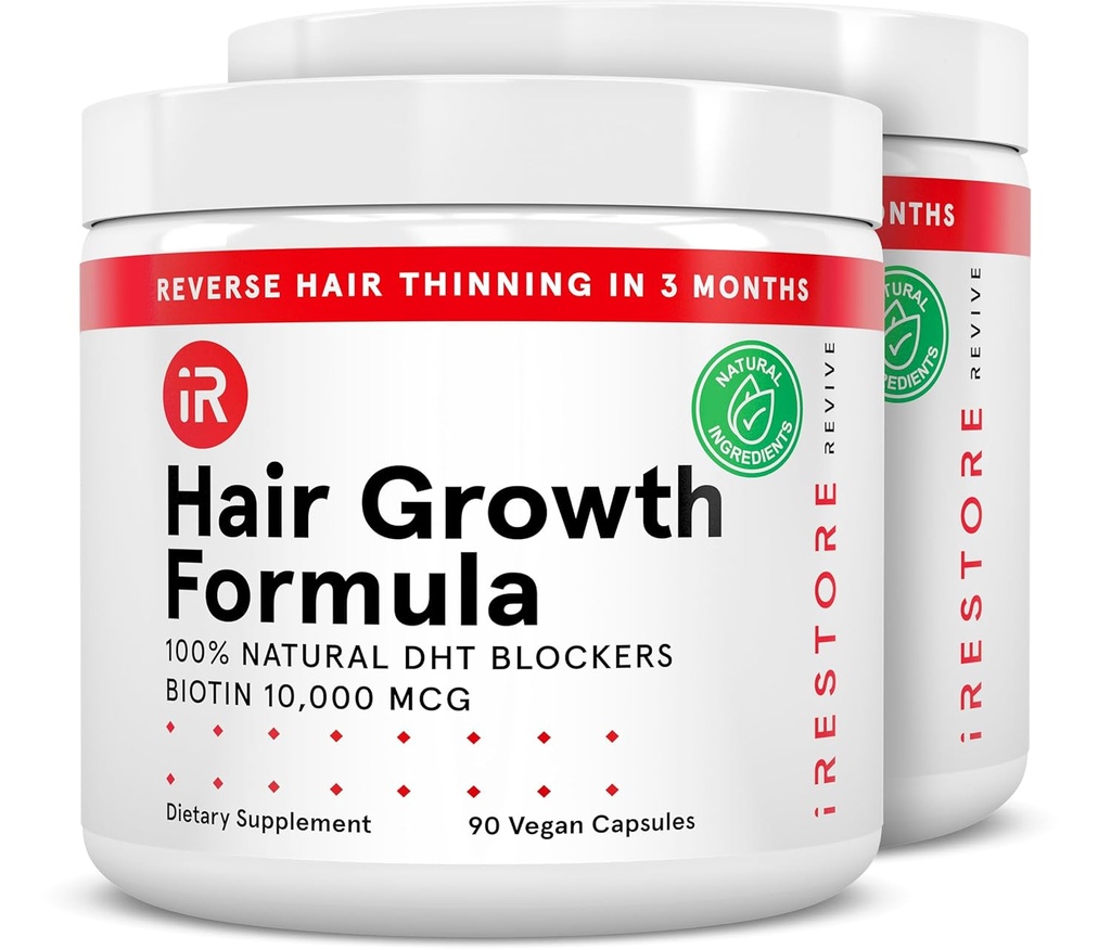 iRestore Hair Growth Supplement – Blockers naturels DHT & Multivitamin Blend – Vegan, Non-GMO, 90 Capsules – soutient les cheveux plus épais, plus forts pour les hommes et les femmes – 2-Pack