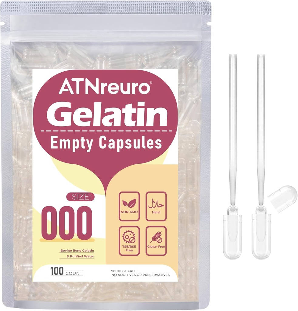 Taille 000 Capsules de gélatine vides avec 2 Micro Spoons - 100 Compte Capsule vide - Capsules de pilules vides pour suppléments de poudre