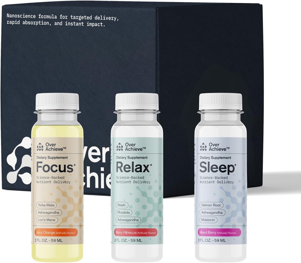 Supplément Variety Pack avec la technologie Nanoscience avancée, 12 Pack, Stress Calmant Relax Drink, Sleep Aid Drink, Nootropic Cerveau Supplément Focus Drink, 2 oz Shot