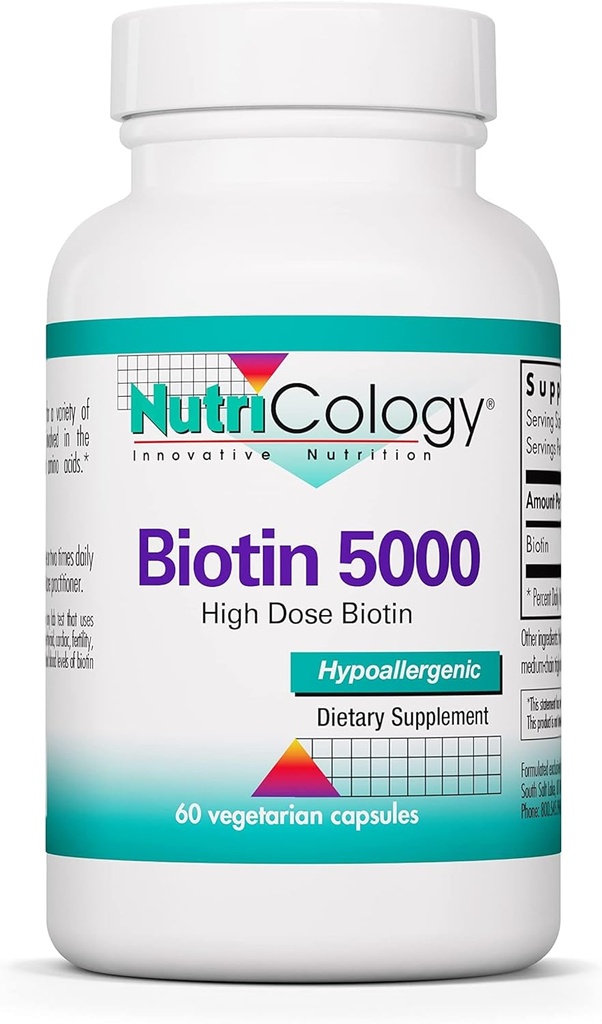 Supplément Nutricology Biotin 5000 - 5000mcg Biotine, Vitamines pour cheveux, peau et ongles, Dose élevée, Capsules végétariennes, Hypoallergène, Sans gluten - 60 Compte