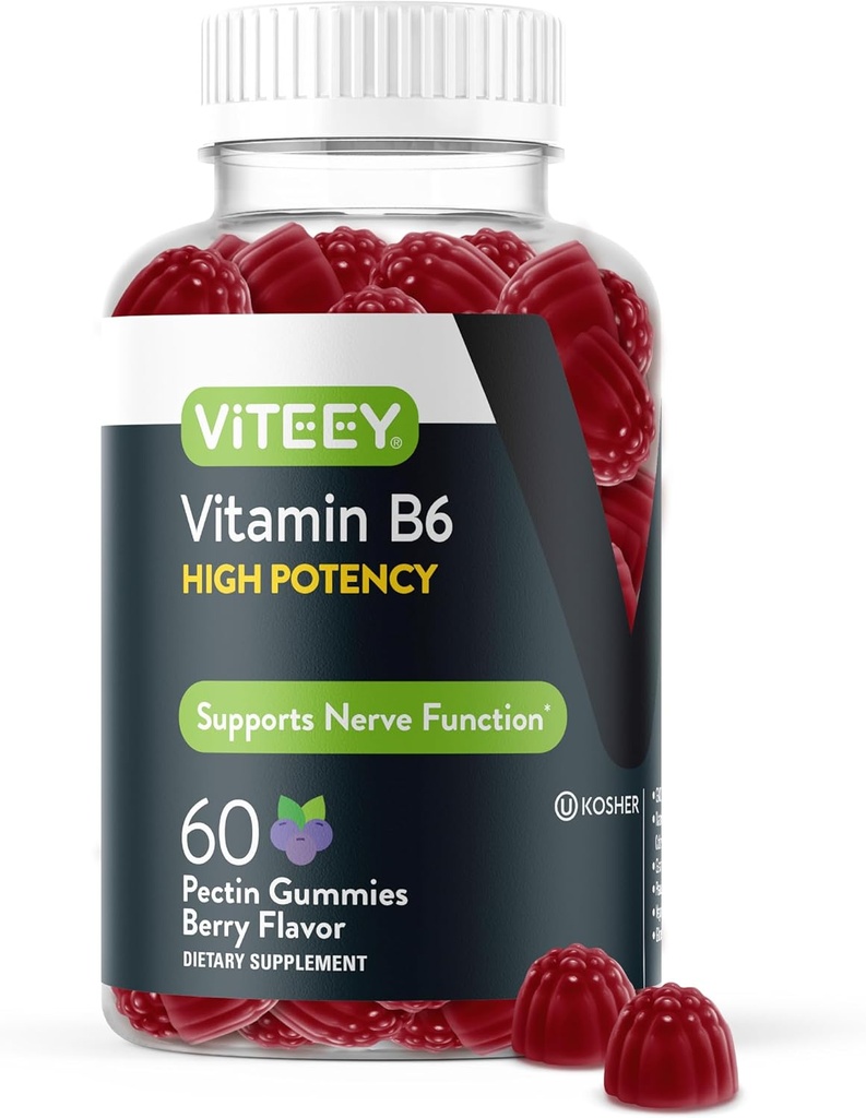 Viteey Vitamine B6 Gummies - Soutien énergétique, nerveux et d'humeur - Vitamines B6 100mg - Vegan, sans gluten, sans OGM - 60 Nombre