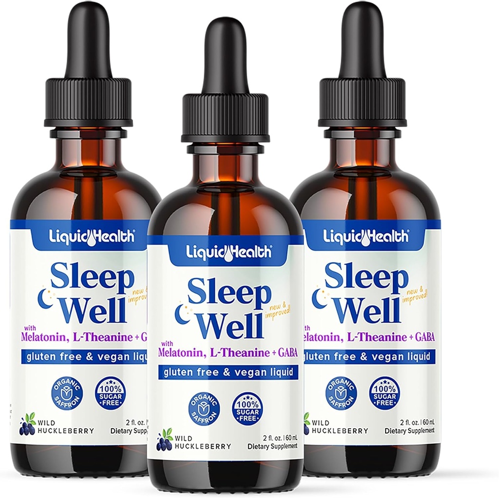 LIQUIDHEALTH Dormez bien Aide au sommeil naturel gouttes de mélatonine - mieux dormir et l'humeur, détendre et calme esprit, automne Asleep plus rapide rester Asleep plus longtemps - Fabriqué aux États-Unis, végétalien, sans sucre, sans médicament, non-OGM (3 pack)