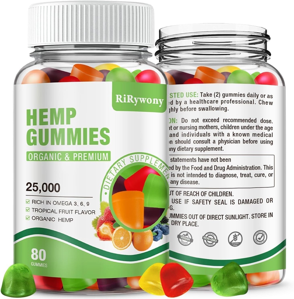 Gommies de chanvre RiRywony 1 Pack - Extra Strength Huile de chanvre naturel Huile de fruits Gommy végétalien - Supplément de haute puissance biologique pour le sucre faible non OGM - 80 Compte