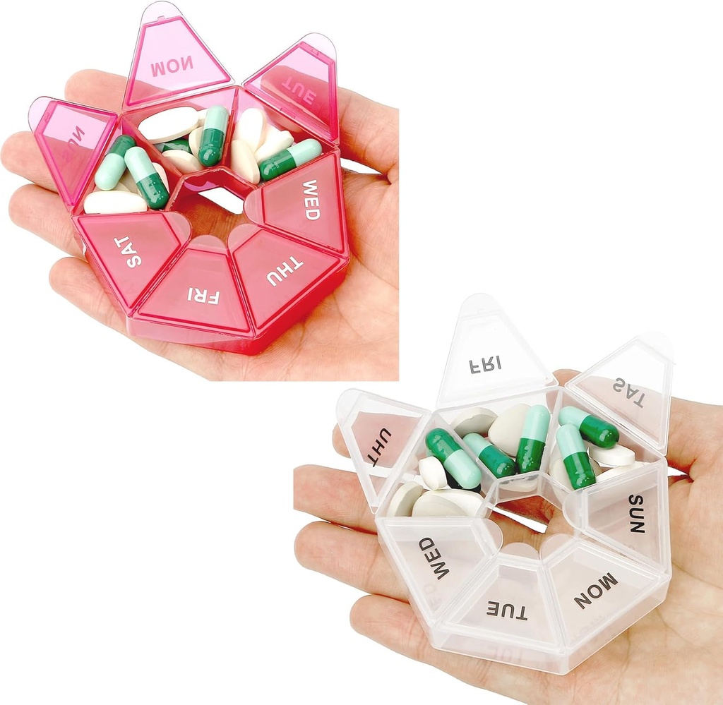 Organisateur de pilules, 2 Pack Pill Box, Petites Pill Case, Organisateur de pilules Médicines 1 fois par jour, Organisateur de pilules hebdomadaires, Conteneur de pilules, Titulaire de pilules, Organisateur de pilules quotidiennes Organisateur de pilules 7 jours (rouge et blanc)