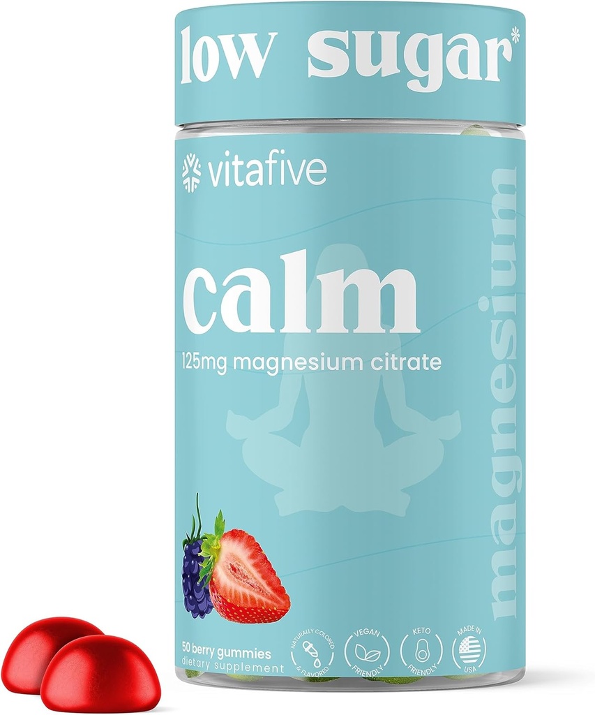 Gommies de magnésium à faible teneur en sucre, 125 mg de Citrate de magnésium, Saveur naturelle de baies mixtes, végétalien, sans gluten (50 Ct)