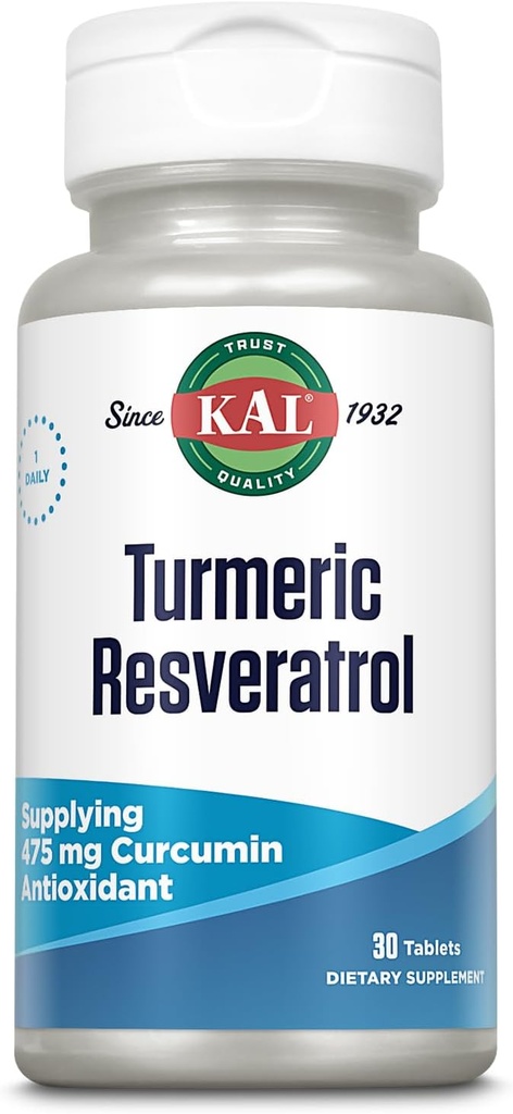 KAL Supplément de resvératrol curcuma, soutien antioxydant, fourniture de 475 mg Curcumine curcuma curcuma curcuma curcuma, santé cardiaque et soutien sanitaire mixte, désintégration rapide, garantie de 60 jours, 30 portions, 30 comprimés