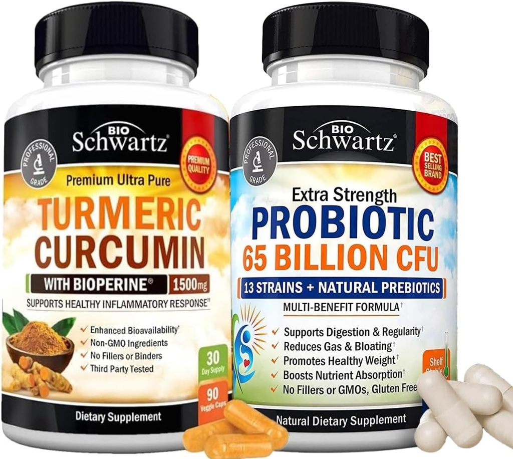 Supplément probiotique quotidien de 65 milliards de CFU (1 mois d'approvisionnement) Plus Curcumine curcumine avec extrait de poivre noir 1500mg complexe (Trial Size)