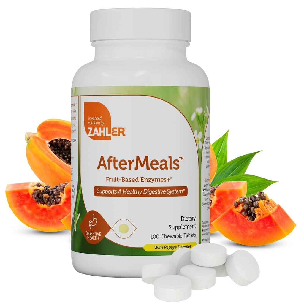 Zahler AfterMeals Enzymes digestifs pour la santé de la digestion - Enzymes digestifs à base de fruits à croquer pour les femmes et les hommes avec la puissance de la papaye et de l'ananas - sans gluten casher fabriqués aux États-Unis (100 comprimés)
