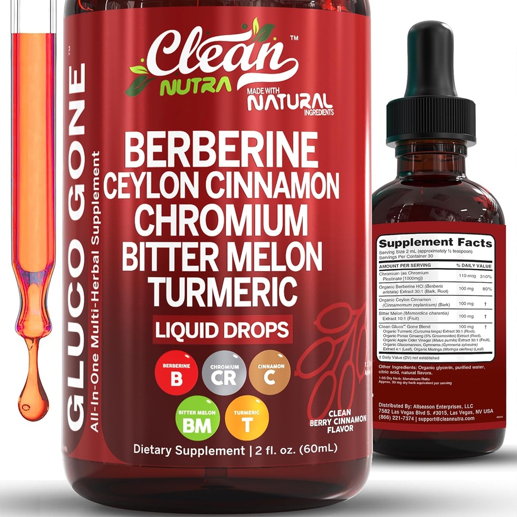 Nutra berbère propre avec supplément de cannelle Ceylan gouttes liquides + Extrait de mélône amère, Glucomannane, Gymnema, Chrome, Turcuma, Ginseng Panax biologique, soutien GLP-1 Moringa