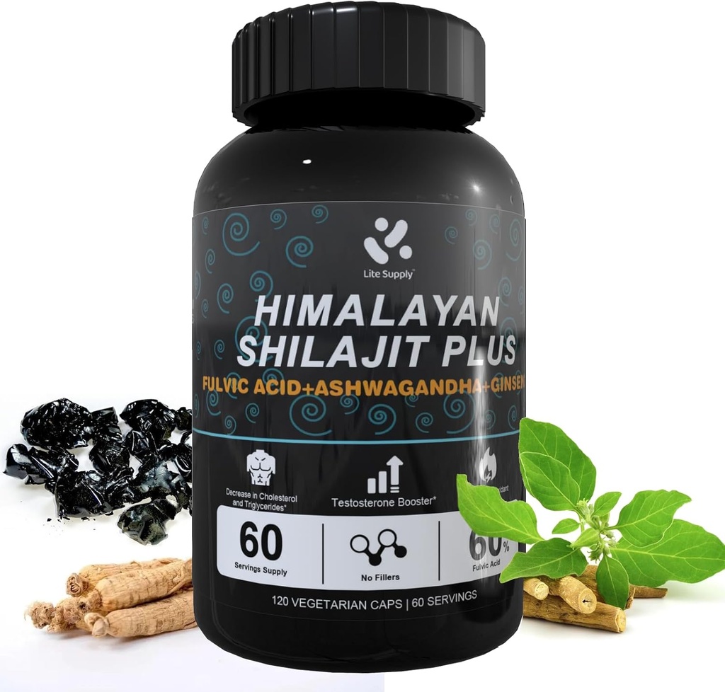 Shilajit Himalayan Supplément 60% Acide Fulvic, 120 Capsules Vegan Approvisionnement avec Pure Natural Shilajit, Ashwagandha, Extrait de Ginseng - High in Trace Minerals for Men Energy Support