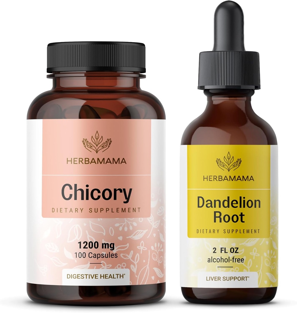 HERBAMAMA Chicory and Dandelion Kit - Ensemble de 1 200 mg Chicory Root Capsules & Dandelion Root Tecture 2 fl oz - Vegan, non-OGM, sans sucre et sans alcool - 2 Pack