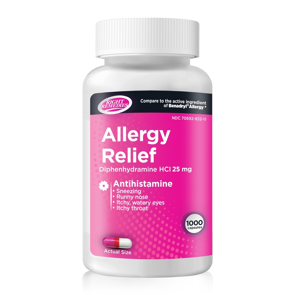 Allergie Relief, Antihistamine, Diphénhydramine HCL 25mg, Soulage les allergies saisonnières à l'intérieur ou à l'extérieur, Runny Nez, Sternezing Allergie Relief (1000 Capsules)