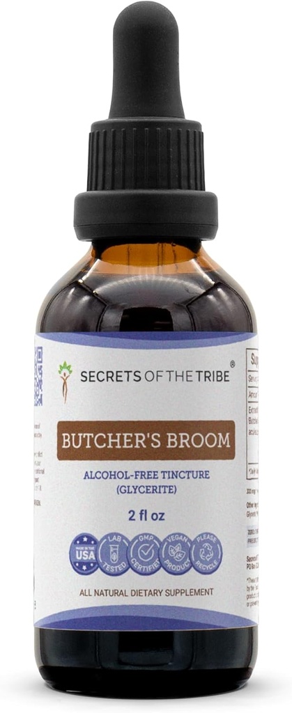 Secrets of the Tribe Butcher's Broom Extract liquide sans alcool, Butcher's Broom (Ruscus aculeatus) Supplément de teinture à la racine séchée (2 FL OZ)