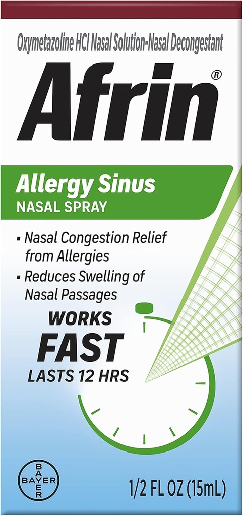 Afrin Allergie Sinus Nasal Spray - Dégustation Nasale rapide et puissante des Allergies, Pour Adultes et Enfants 6 ans et plus, 0.50 Fl Oz (paquet de 1)