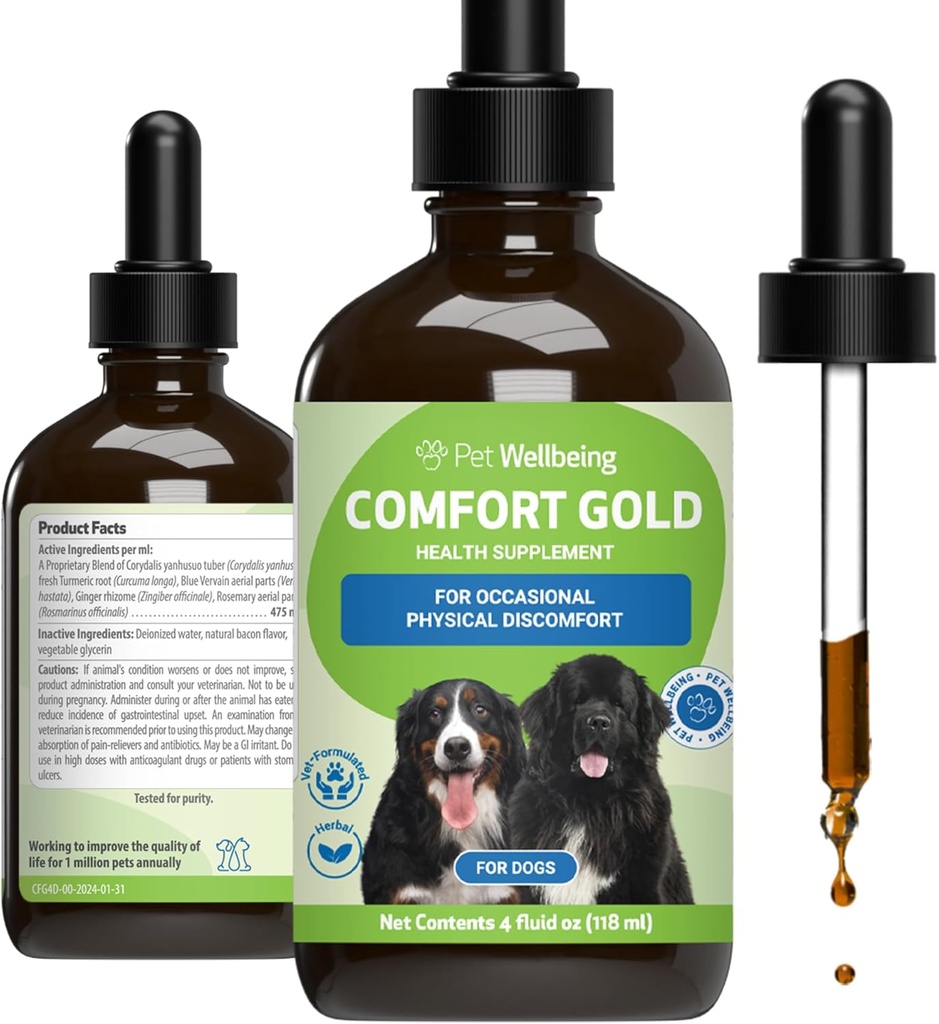 Animaux de compagnie Bien-être Confort Or pour chiens - Soutiens Canine Confort physique, Circulation saine, Corydalis, Turmeric - Vétérinaire-Formulé supplément à base de plantes 4 oz (118 ml)