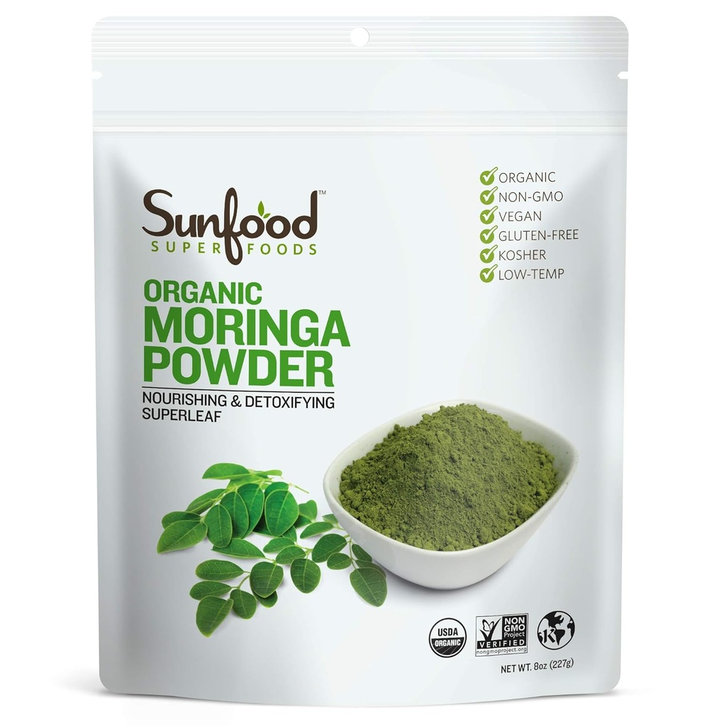 Moringa en poudre, bio. Utilisez pour la perte de cheveux, perte de poids. Produit mono-ingrédient pur. Sachet de 8 oz