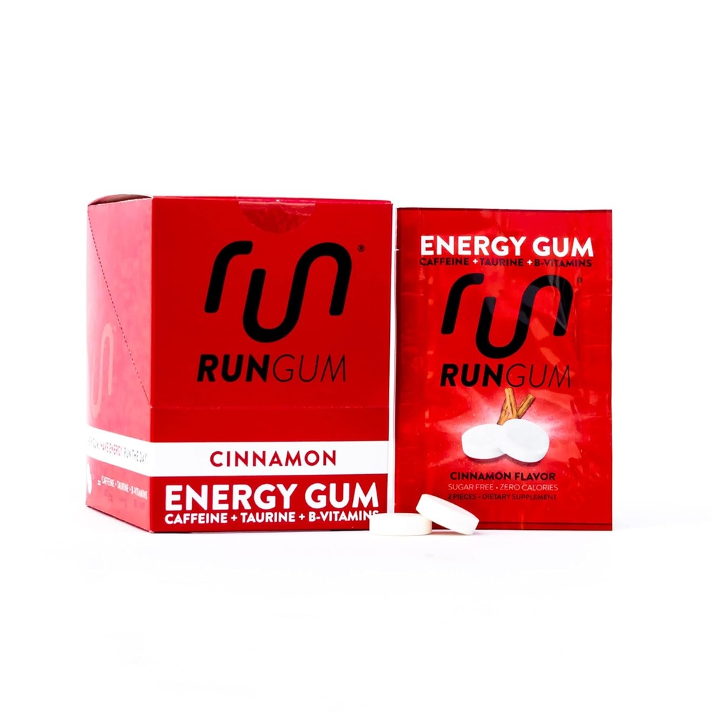 RUN GUM Cinnamon Energy Gum 50mg Caféine Taurine et B-Vitamines par pièce, 24 pièces (paquet de 12), 2 pièces = 1 café ou boisson énergétique, sans sucre, zéro calories