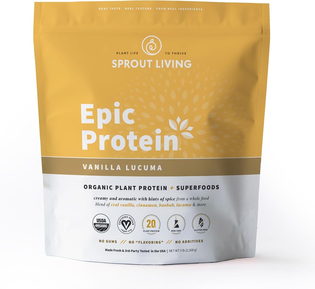 Sprout Living Protéine épique, Protéines végétales et Superfoods Poudre, Vanilla Lucuma Poudre de 20 grammes de poudre de protéines organiques, végétalien, non laitière, non-OGM, sans gluten, faible sucre (5 livres, 60 portions)