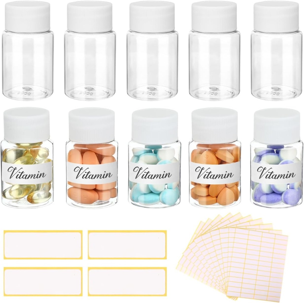 Bouteilles à pilules 10Pcs avec étiquettes vierges - 30ml Conteneurs de médicaments avec bouchons à vis- Petit récipient à pilules vide en plastique Boîte à échantillons transparent pour le distributeur pour le nom solide liquide