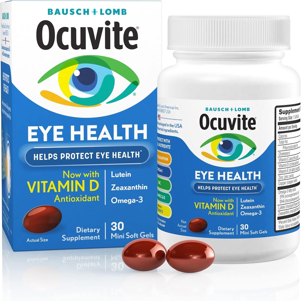 Ocuvite Eye Health, Lutein & Zeaxanthin Supplement, Eye Vitamin with Antioxidant Vitamin D, C, E & Omega-3, Helps Protect Eye Health, 30 Softgels