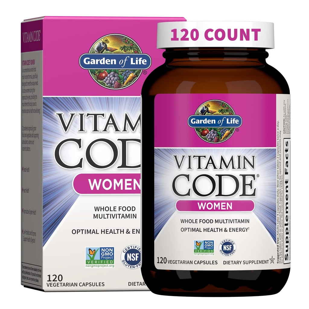 Jardin de la vie Multivitamine pour les femmes, Code Vitamine Multi - Alimentation entière Femmes Multivitamines, Fer, Folate non acide folique, Vitamine A et probiotiques pour les femmes Énergie, 120 Capsules végétariennes