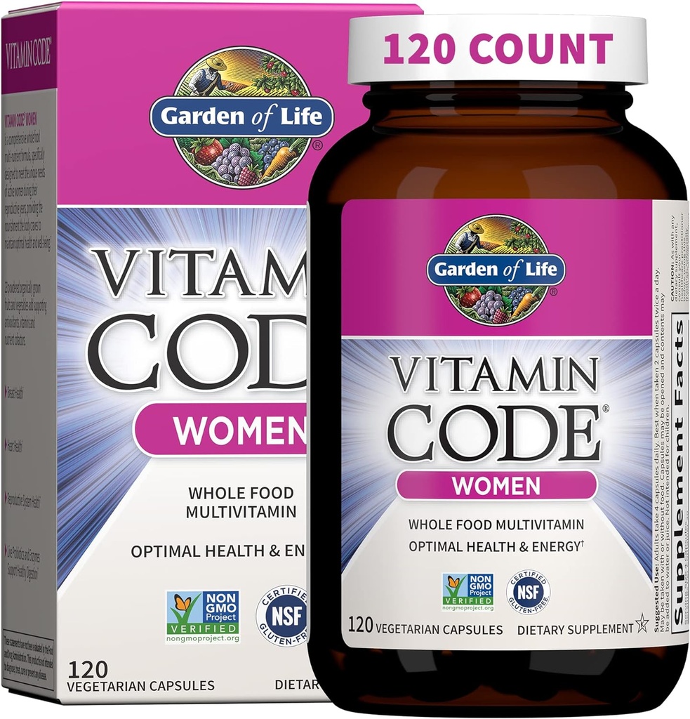 Jardin de la vie Multivitamine pour les femmes, Code Vitamine Multi - Alimentation entière Femmes Multivitamines, Fer, Folate non acide folique, Vitamine A et probiotiques pour les femmes Énergie, 120 Capsules végétariennes