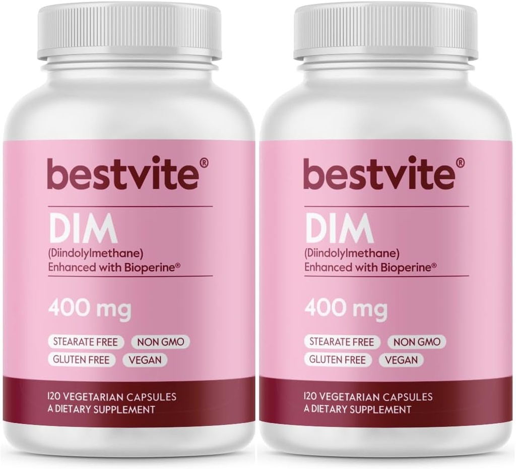 BESTVITE DIM (Diindolylméthane) 400 mg avec Bioperine (240 capsules végétariennes) (120 x 2) - Pas de stéarate - Pas de gélatine - Vegan - Non OGM - Sans gluten