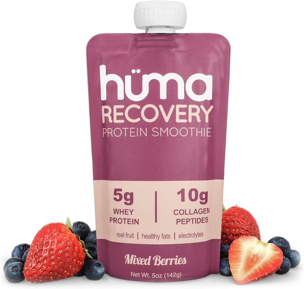 Huma Recovery Protein Smoothie, 12 Pochettes – 15g Collagène + Whey Recovery Boissons après entraînement – Secouez les protéines prêtes à boire avec des fruits réels, des électrolytes, des graisses saines