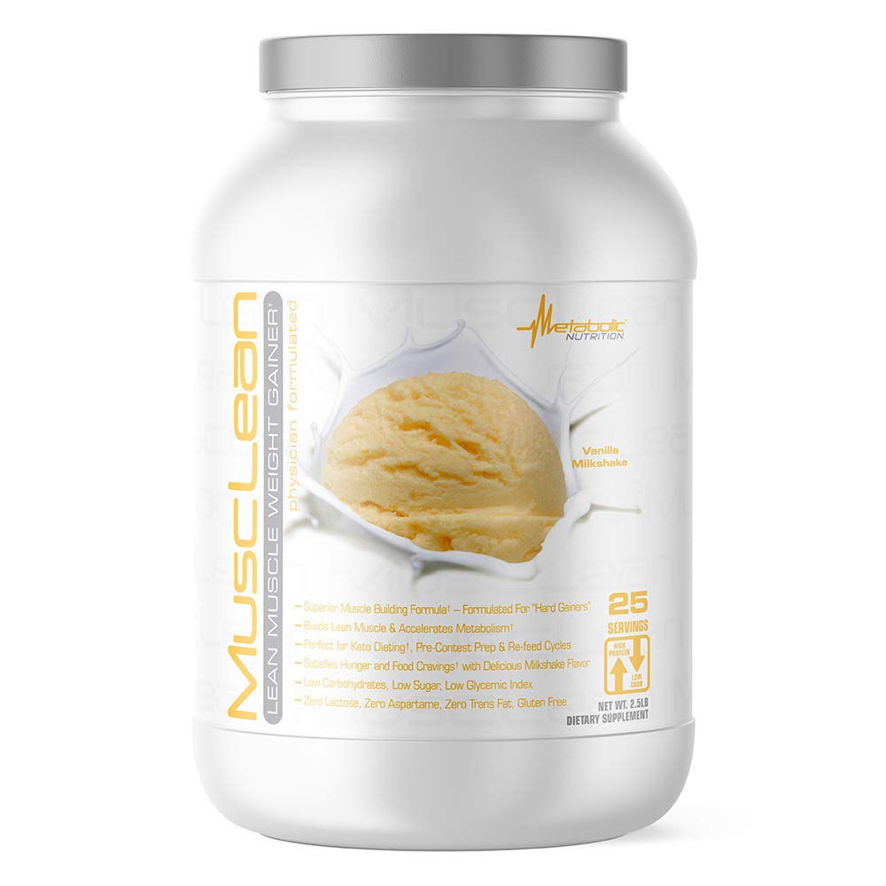 Nutrition métabolique - Musclean - Milkshake Gainer de poids, Whey High Protein Meal Replacement, Maintenance Nutrition, Faible teneur en glucides, Keto Diet, Enzymes digestifs, Vanille, 2,5 livres (25 ser)