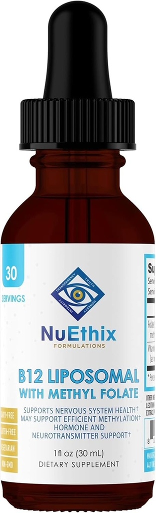 NuEthix Formulations B12 Liposomal with Methyl Folate Dietary Supplement, Bioactive B Vitamins to Support an Optimal Metabolism, 1 Fluid Ounce, 30 Servings