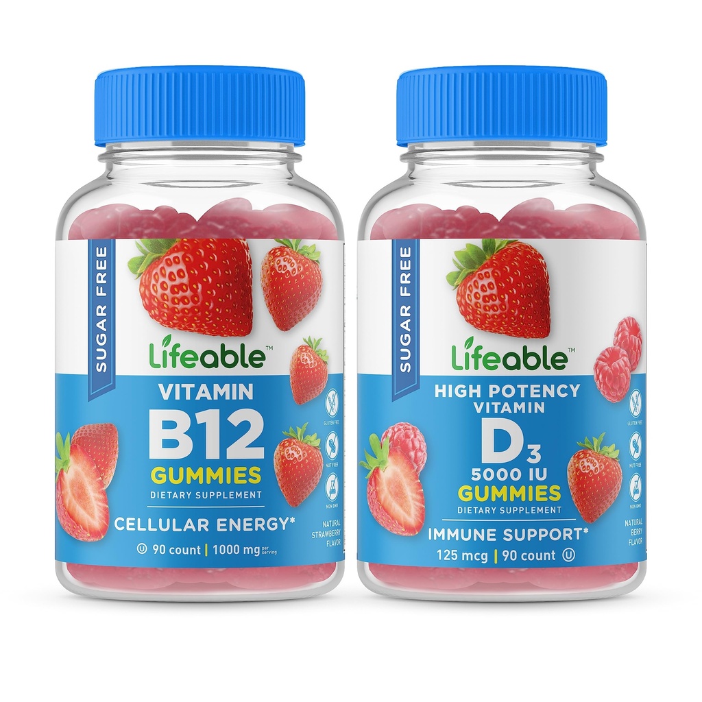 Vitamine B12 + Vitamine D 5000 UI, Gommies - Grande dégustation, supplément de vitamine, sans gluten, sans OGM, gommy à croquer