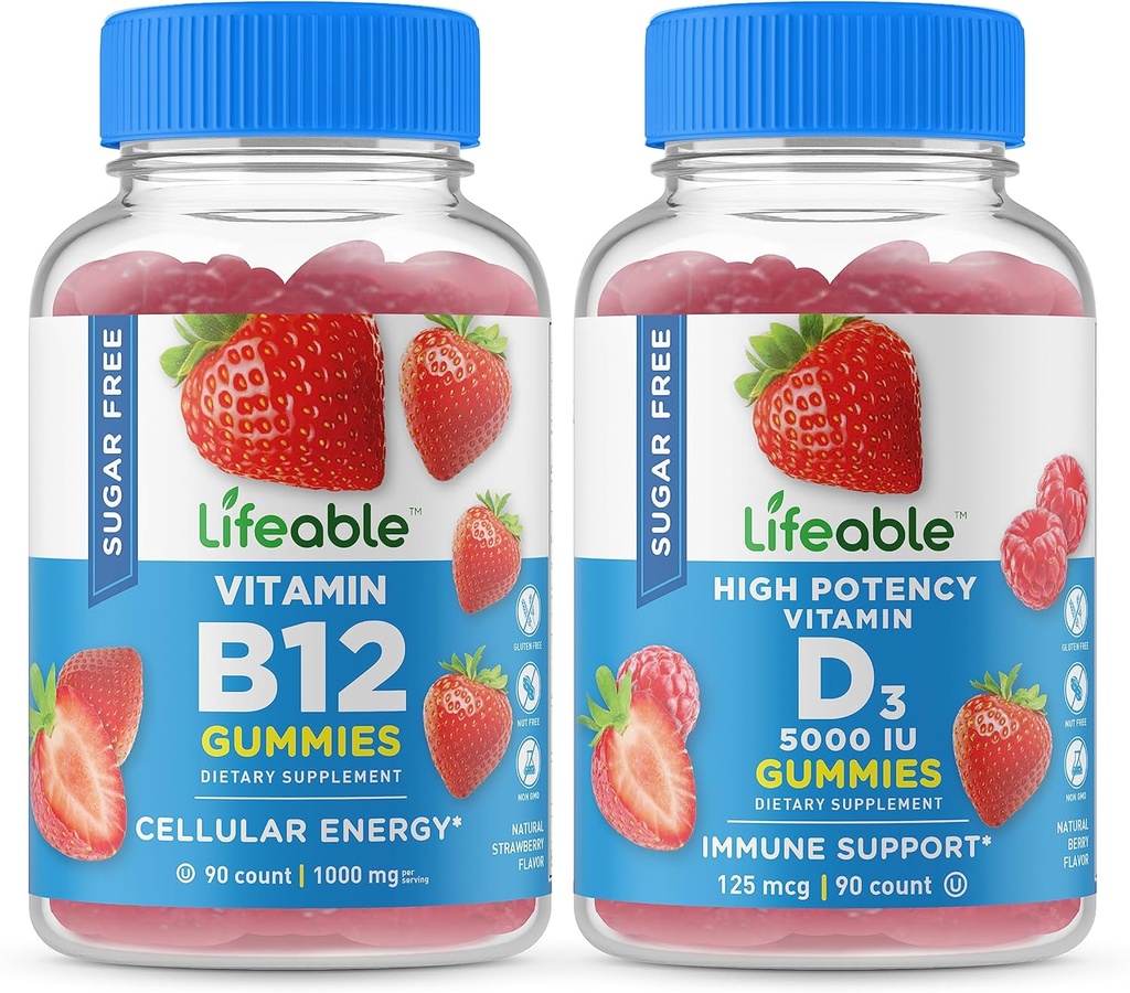 Vitamine B12 + Vitamine D 5000 UI, Gommies - Grande dégustation, supplément de vitamine, sans gluten, sans OGM, gommy à croquer