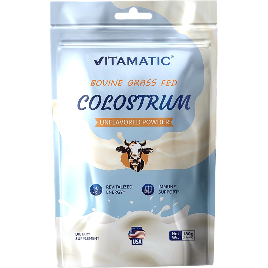 Vitamatic Bovin Colostrum 30% IgG poudre 180 grammes (6.34 OZ) - Supplément pour la santé de Gut, la croissance des cheveux, la beauté, la récupération musculaire, et le soutien immunitaire - facile à mélanger - (non aromatisé)