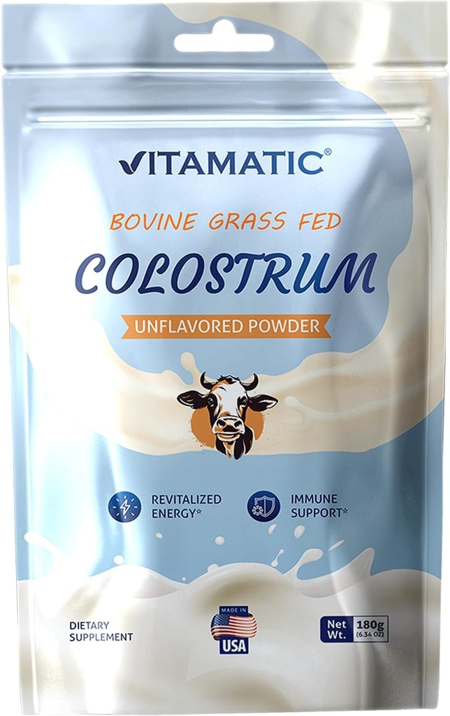 Vitamatic Bovin Colostrum 30% IgG poudre 180 grammes (6.34 OZ) - Supplément pour la santé de Gut, la croissance des cheveux, la beauté, la récupération musculaire, et le soutien immunitaire - facile à mélanger - (non aromatisé)