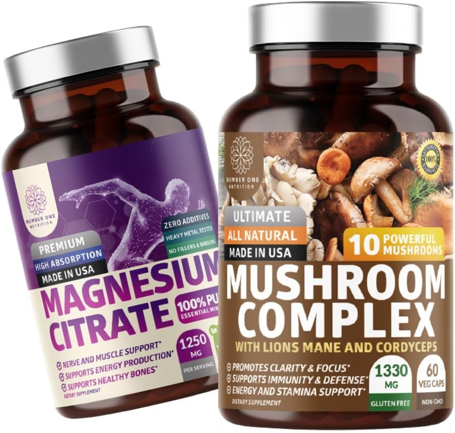 N°1 Nutrition N1N Complexe de champignons Premium [10X Champignons puissants] et Citrate de magnésium [200mg], lot de 2 paquets