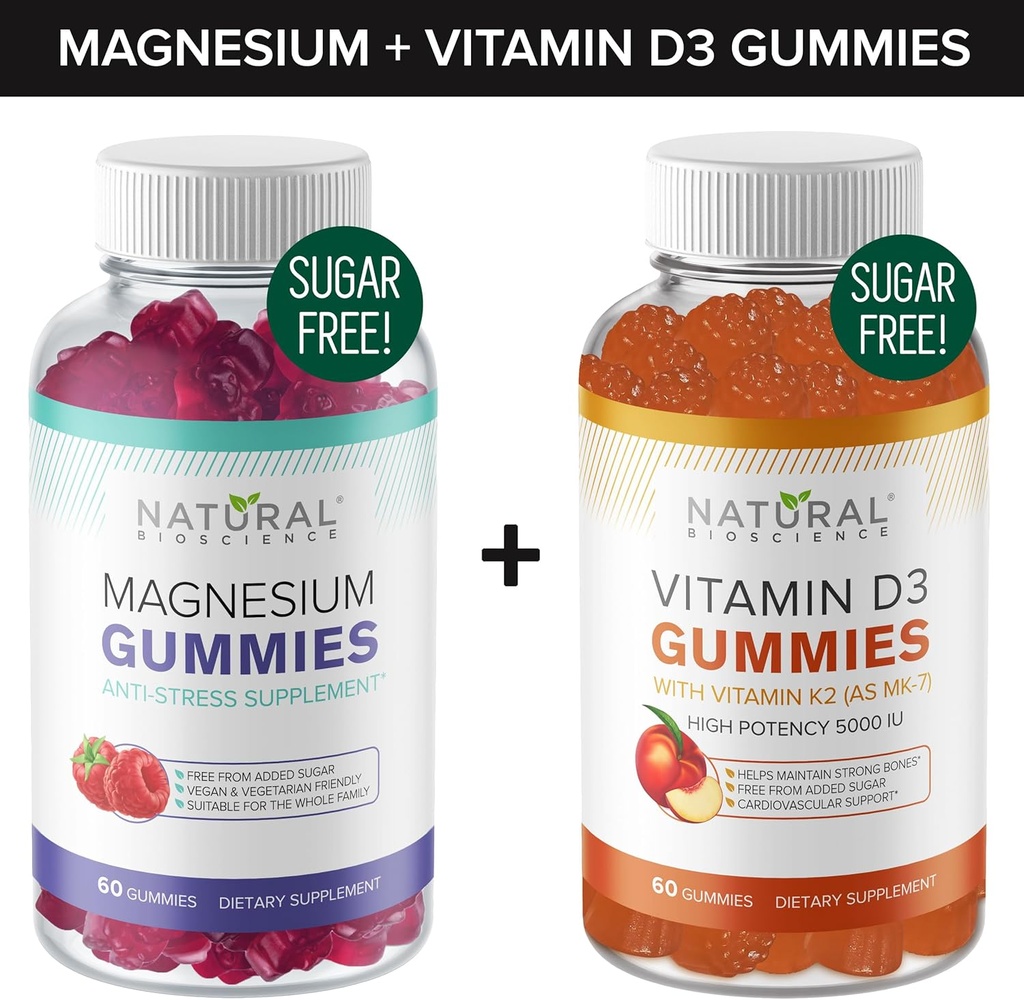 Gommies de magnésium sans sucre (60 Gommies) et Gommies de vitamine D sans sucre (60 Gommies) – Immune support et apaisant la valeur, sans gélatine, sans gluten, végétalien, tout naturel, sans OGM, casher