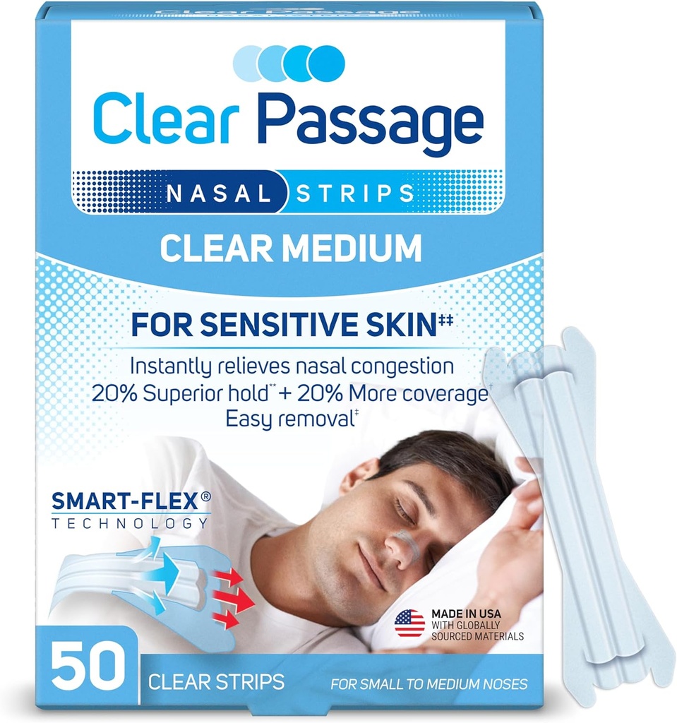 Bandes nasales Moyennes, claires, 50 ct.-ct. Fonctionne instantanément pour améliorer le sommeil, réduire le ronflement et soulager la congestion nasale due aux rhumes et aux allergies