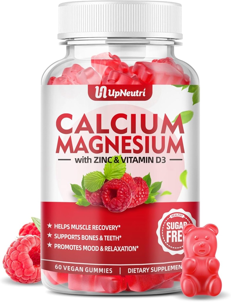 Zinc de magnésium de calcium avec supplément de vitamine D3, Gommies de calcium sans sucre pour les femmes hommes, Gommies de zinc d'absorption élevée pour les os et les muscles et la santé immunitaire, saveur de framboise végétalienne - 60 comte