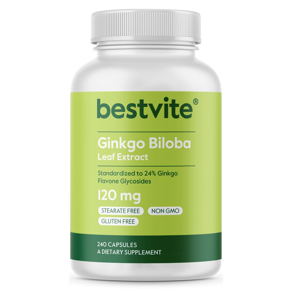 BESTVITE Ginkgo Biloba 120mg (240 gélules) - Pas de stéarate - Non OGM - Sans gluten - normalisé à 24% Ginkgo Flavone Glycosides