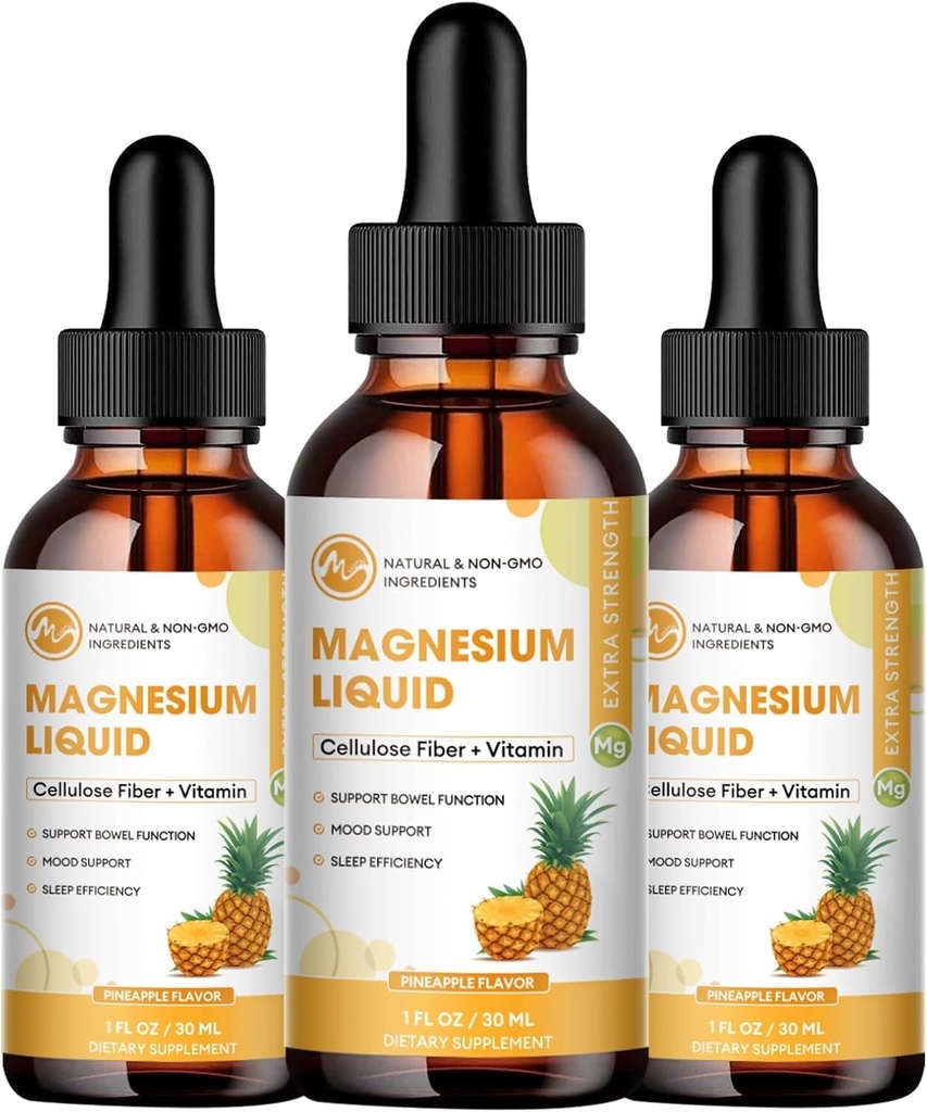 (3 pack) Glycinat de magnésium gouttes liquides, haute absorption Magnésium liquide avec bromélaine, vitamine B6 C D, supplément de magnésium pour les enfants et les adultes, soutien de nuit et musculaire, goût d'ananas